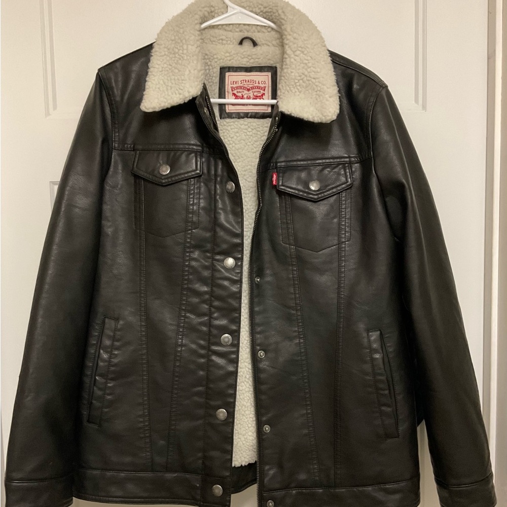Levi's Black faux Leather Jacket with Cream Sherpa Lining and Collar